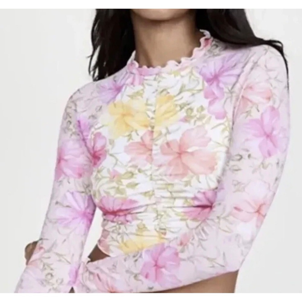 LoveShackFancy X Hurley Womens Rash Guard Swim Crop Top Hawaiian Hibiscus Large